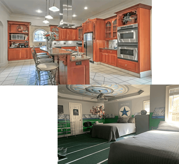 Imagine preparing meals in one of the spacious onsite kitchens. 

This theme bedroom has three separate sleeping areas (Queen, twin, and futon) for your comfort.